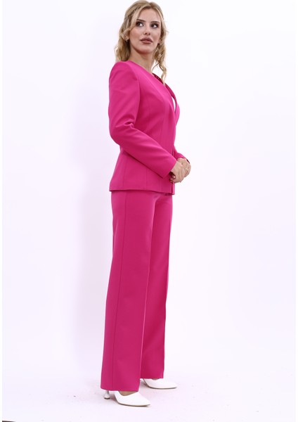 V Yaka Boydan Kuplu Kılasik Ceket & Bol Paça Pantolon-Fuşya modelleri