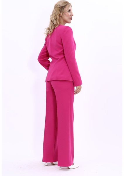 V Yaka Boydan Kuplu Kılasik Ceket & Bol Paça Pantolon-Fuşya fırsatları