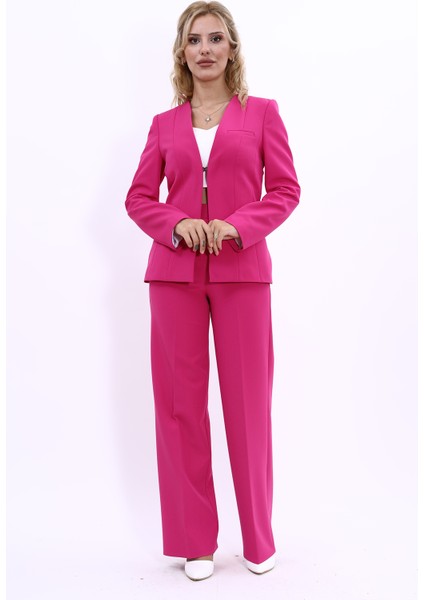 V Yaka Boydan Kuplu Kılasik Ceket & Bol Paça Pantolon-Fuşya indirimleri
