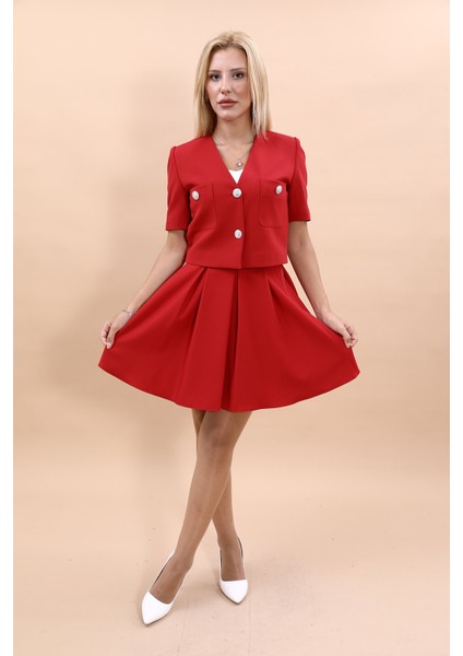 V Yaka Kısa Ceket & Kısa Kloş Etek-Kırmızı fiyatları