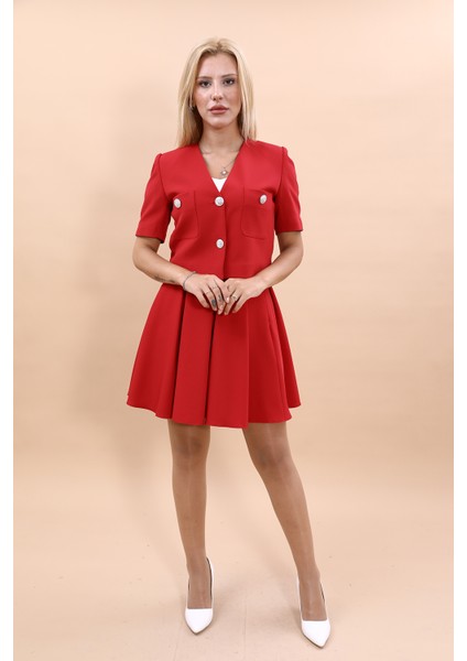 V Yaka Kısa Ceket & Kısa Kloş Etek-Kırmızı indirimleri