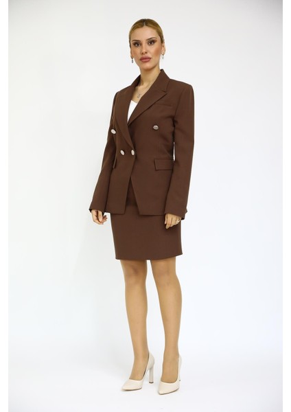 Erkek Yaka Çapraz Ceket & Yırtmaçlı Düz Dar Etek-Kestane indirimleri