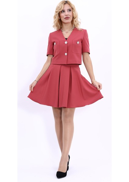 V Yaka Kısa Ceket & Kısa Kloş Etek-Kiremit