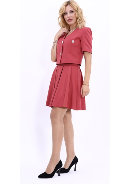 V Yaka Kısa Ceket & Kısa Kloş Etek-Kiremit fiyatları