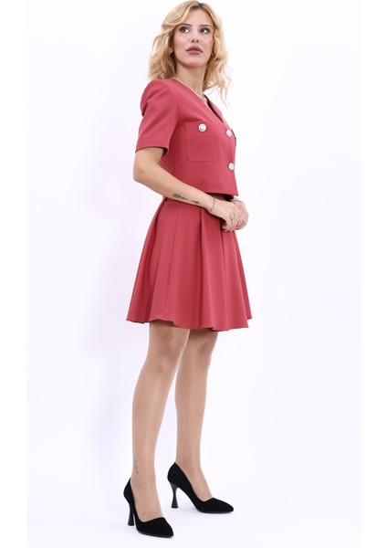 V Yaka Kısa Ceket & Kısa Kloş Etek-Kiremit modelleri