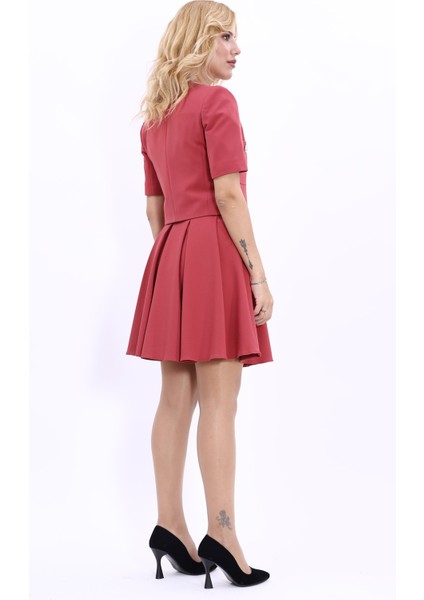 V Yaka Kısa Ceket & Kısa Kloş Etek-Kiremit fırsatları