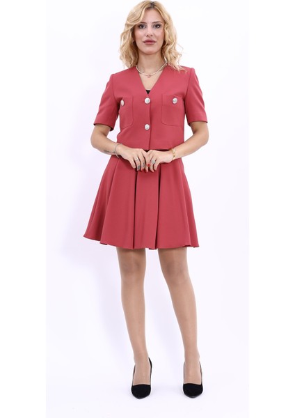 V Yaka Kısa Ceket & Kısa Kloş Etek-Kiremit indirimleri