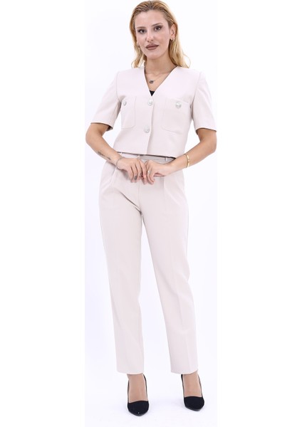 Kısa Kollu Yakasız Mini Ceket & Pileli Boru Paça Pantolon Takım-Bej