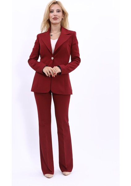 Erkek Yaka Tek Düğmeli Klasik Ceket & İspanyol Paça Pantolon-Bordo indirimleri