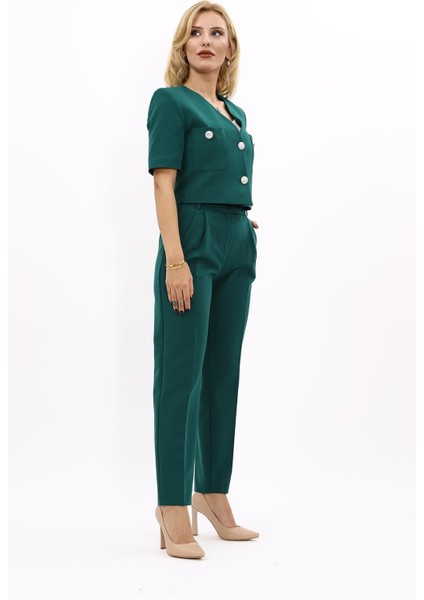 Kısa Kollu Yakasız Mini Ceket & Pileli Boru Paça Pantolon Takım-Zümrüt modelleri