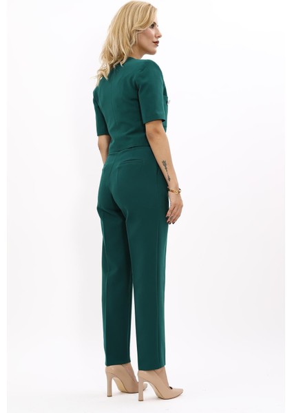Kısa Kollu Yakasız Mini Ceket & Pileli Boru Paça Pantolon Takım-Zümrüt fırsatları
