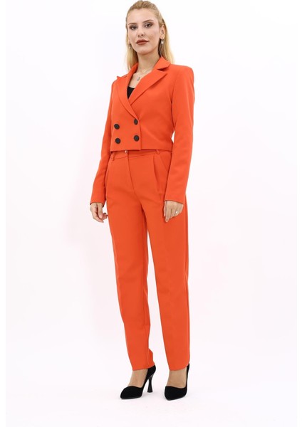 Erkek Yaka Kuruvaze Kısa Ceket & Kemerli Köprülü Dar Paça Pantolon-Turuncu indirimleri