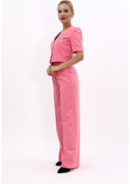 V Yaka Kısa Ceket & Korsaj Kemer Palazzo Pantolon-Pembe fiyatları