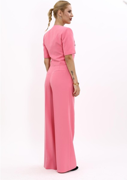 V Yaka Kısa Ceket & Korsaj Kemer Palazzo Pantolon-Pembe fırsatları