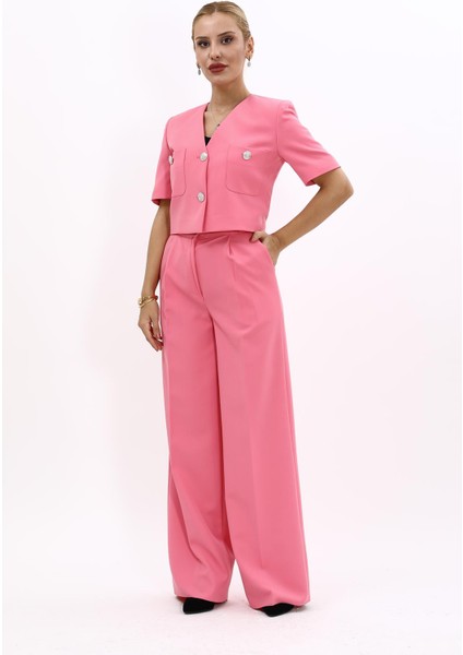 V Yaka Kısa Ceket & Korsaj Kemer Palazzo Pantolon-Pembe indirimleri