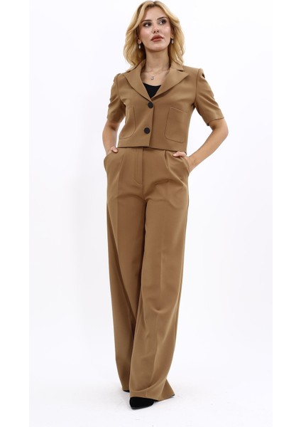 Kısa Kollu Yakalı Mini Ceket & Yüksek Bel Bol Paça Pantolon Takım-Camel