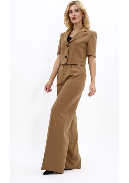 Kısa Kollu Yakalı Mini Ceket & Yüksek Bel Bol Paça Pantolon Takım-Camel fiyatları