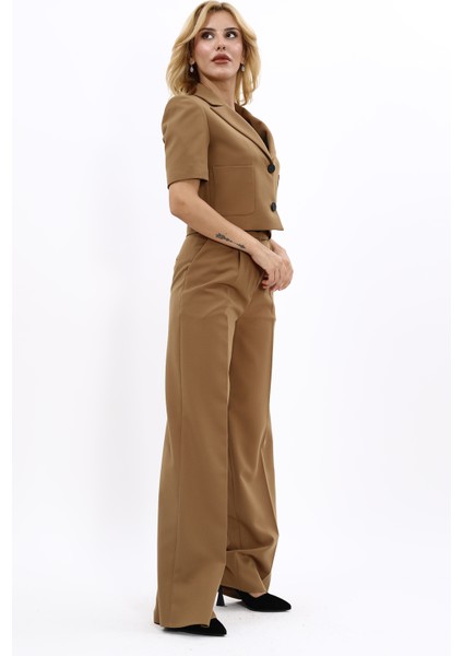 Kısa Kollu Yakalı Mini Ceket & Yüksek Bel Bol Paça Pantolon Takım-Camel modelleri