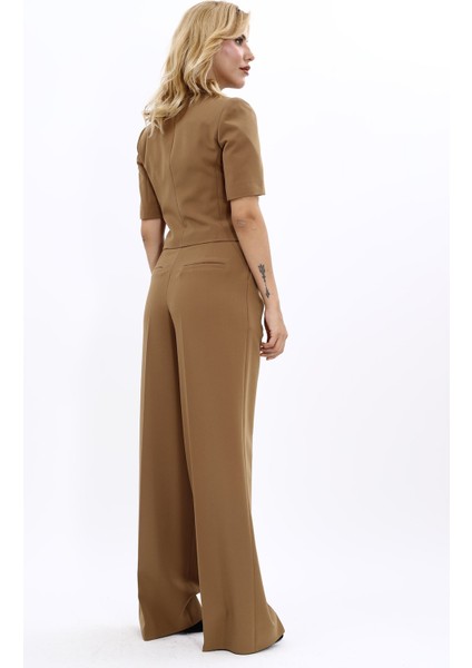 Kısa Kollu Yakalı Mini Ceket & Yüksek Bel Bol Paça Pantolon Takım-Camel fırsatları