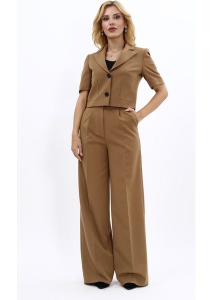 Kısa Kollu Yakalı Mini Ceket & Yüksek Bel Bol Paça Pantolon Takım-Camel indirimleri