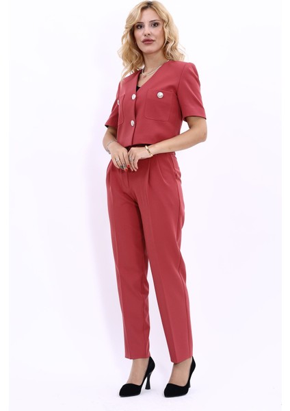 Kısa Kollu Yakasız Mini Ceket & Pileli Boru Paça Pantolon Takım-Kiremit