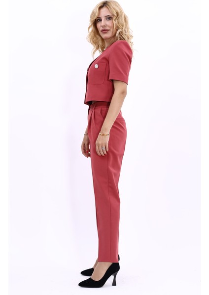 Kısa Kollu Yakasız Mini Ceket & Pileli Boru Paça Pantolon Takım-Kiremit fiyatları