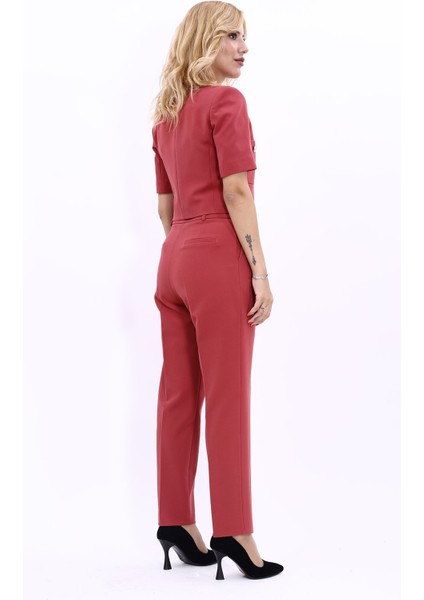 Kısa Kollu Yakasız Mini Ceket & Pileli Boru Paça Pantolon Takım-Kiremit fırsatları