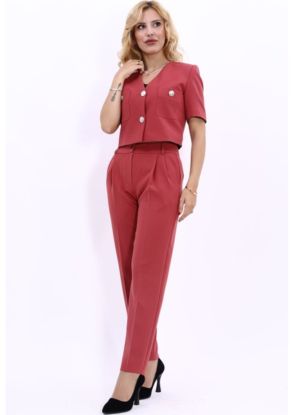 Kısa Kollu Yakasız Mini Ceket & Pileli Boru Paça Pantolon Takım-Kiremit indirimleri