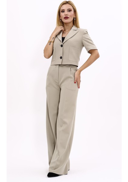 Erkek Yaka Kısa Ceket & Korsaj Kemer Palazzo Pantolon-Bambu