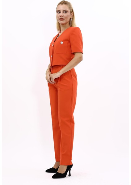 Kısa Kollu Yakasız Mini Ceket & Pileli Boru Paça Pantolon Takım-Turuncu fiyatları