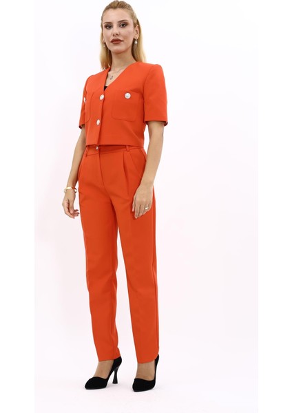 Kısa Kollu Yakasız Mini Ceket & Pileli Boru Paça Pantolon Takım-Turuncu indirimleri