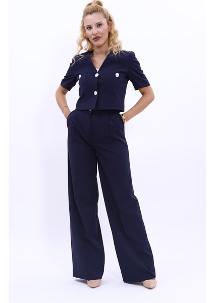 Kısa Kollu Yakasız Mini Ceket & Yüksek Bel Bol Paça Pantolon Takım-Lacivert