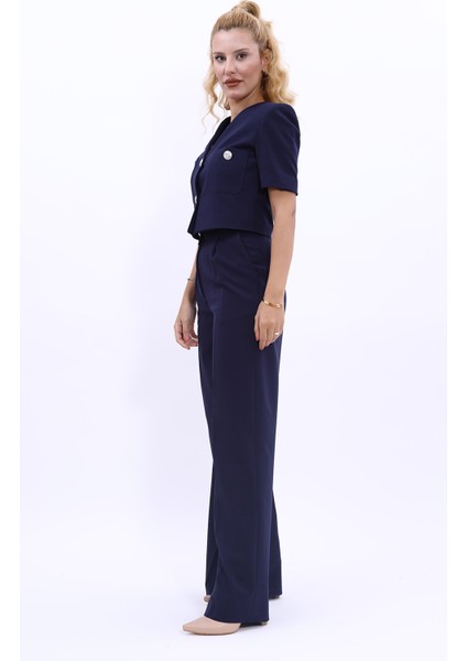 Kısa Kollu Yakasız Mini Ceket & Yüksek Bel Bol Paça Pantolon Takım-Lacivert modelleri