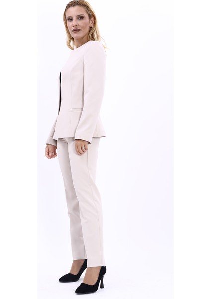 Oval Yaka Yandan Kuplu Klasik Ceket & Dar Paça Pantolon-Bej fiyatları