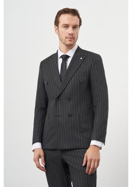 Erkek Füme Poliviskon Trend Kruvaze Slim Fit Sivri Yaka Takım Elbise