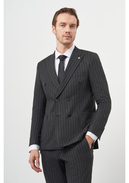 Erkek Füme Poliviskon Trend Kruvaze Slim Fit Sivri Yaka Takım Elbise