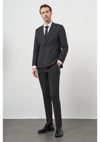 Erkek Füme Poliviskon Trend Kruvaze Slim Fit Sivri Yaka Takım Elbise