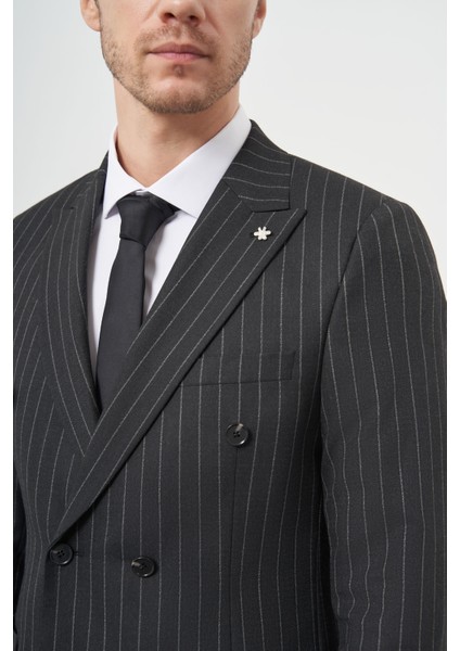 Erkek Füme Poliviskon Trend Kruvaze Slim Fit Sivri Yaka Takım Elbise