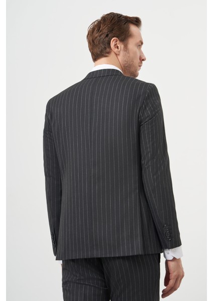 Erkek Füme Poliviskon Trend Kruvaze Slim Fit Sivri Yaka Takım Elbise