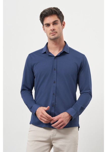  Erkek Lacivert Trend Slim Fit Italyan Yaka Gömlek