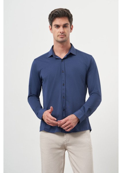  Erkek Lacivert Trend Slim Fit Italyan Yaka Gömlek