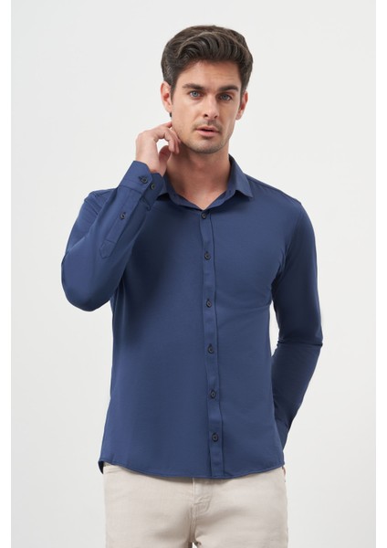  Erkek Lacivert Trend Slim Fit Italyan Yaka Gömlek