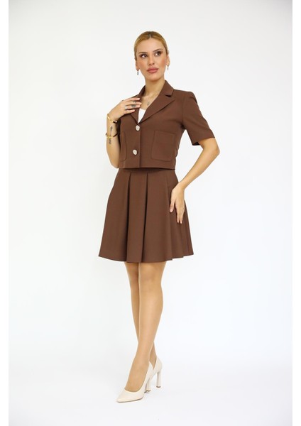 Erkek Yaka Kısa Ceket & Kısa Kloş Etek-Kestane