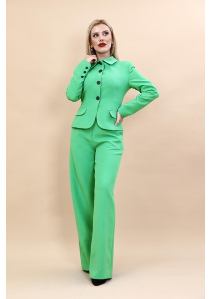Gömlek Yaka Klasik Ceket & Korsaj Kemer Palazzo Pantolon-Yeşil
