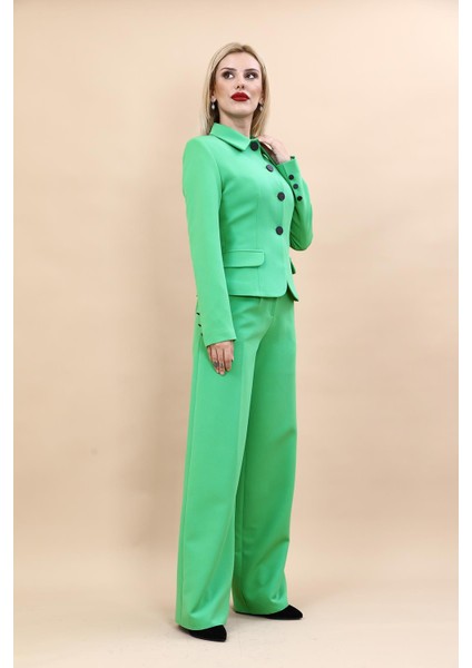 Gömlek Yaka Klasik Ceket & Korsaj Kemer Palazzo Pantolon-Yeşil modelleri
