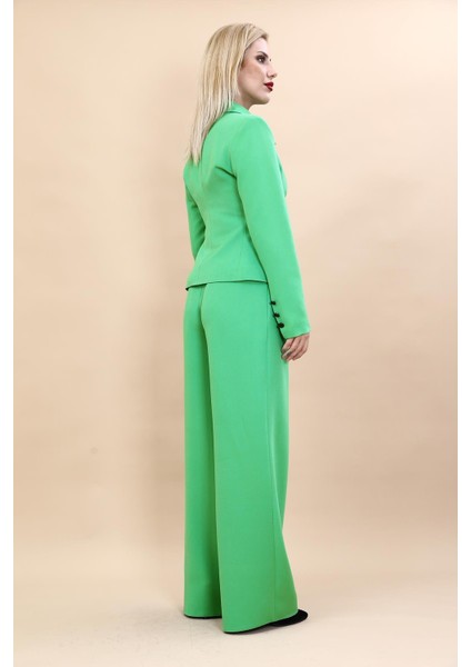 Gömlek Yaka Klasik Ceket & Korsaj Kemer Palazzo Pantolon-Yeşil fırsatları