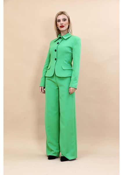 Gömlek Yaka Klasik Ceket & Korsaj Kemer Palazzo Pantolon-Yeşil indirimleri