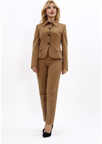Peplum Ceket & Boru Paça Pantolon Takım-Camel