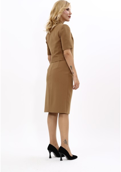 Erkek Yaka Kısa Ceket & Düz Dar Etek-Camel fırsatları