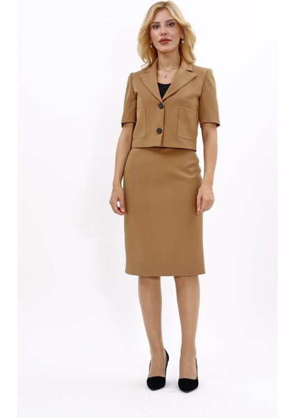 Erkek Yaka Kısa Ceket & Düz Dar Etek-Camel indirimleri